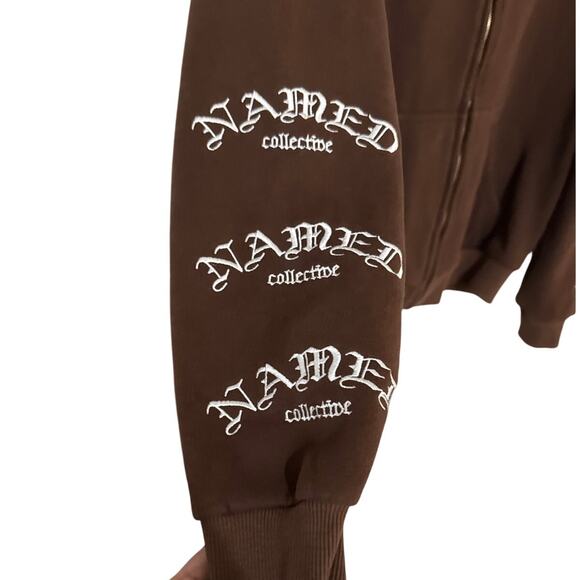 Named Collective Full Zip Hoodie Large Unisex Chocolate Brown Embroidered Grunge - Picture 6 of 9